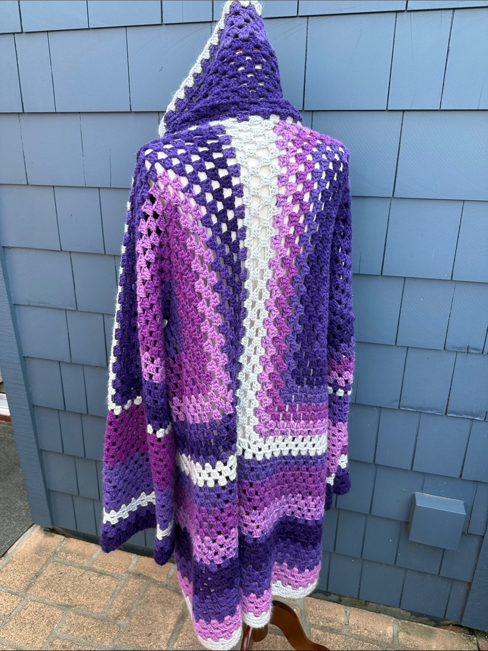 Hooded Purple Multitone Crochet Cardigan with Cream Trim